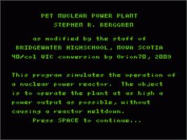 Title screen of Nuclear Power Plant on the Commodore VIC-20.