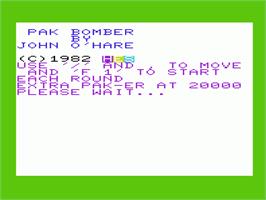 Title screen of Pak Bomber on the Commodore VIC-20.