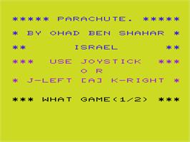 Title screen of Parachute on the Commodore VIC-20.