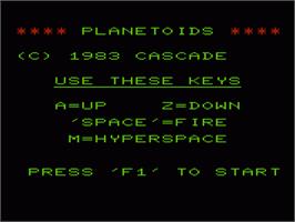 Title screen of Planetoids on the Commodore VIC-20.