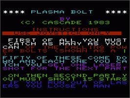Title screen of Plasma Bolt on the Commodore VIC-20.