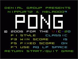 Title screen of Pong on the Commodore VIC-20.
