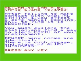 Title screen of Return To Earth on the Commodore VIC-20.