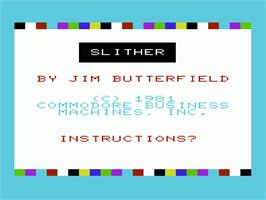 Title screen of Slither on the Commodore VIC-20.