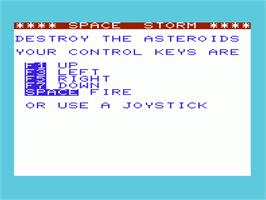 Title screen of Space Storm on the Commodore VIC-20.