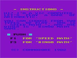 Title screen of Speed Math And Bingo Math on the Commodore VIC-20.