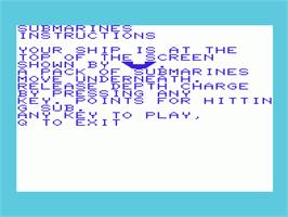 Title screen of Submarines on the Commodore VIC-20.
