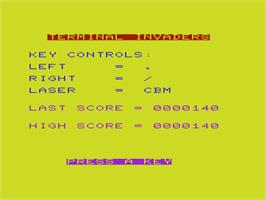 Title screen of Terminal Invaders on the Commodore VIC-20.