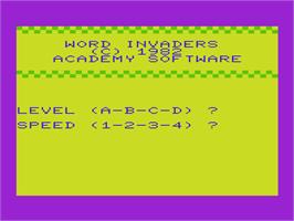 Title screen of Word Invaders on the Commodore VIC-20.