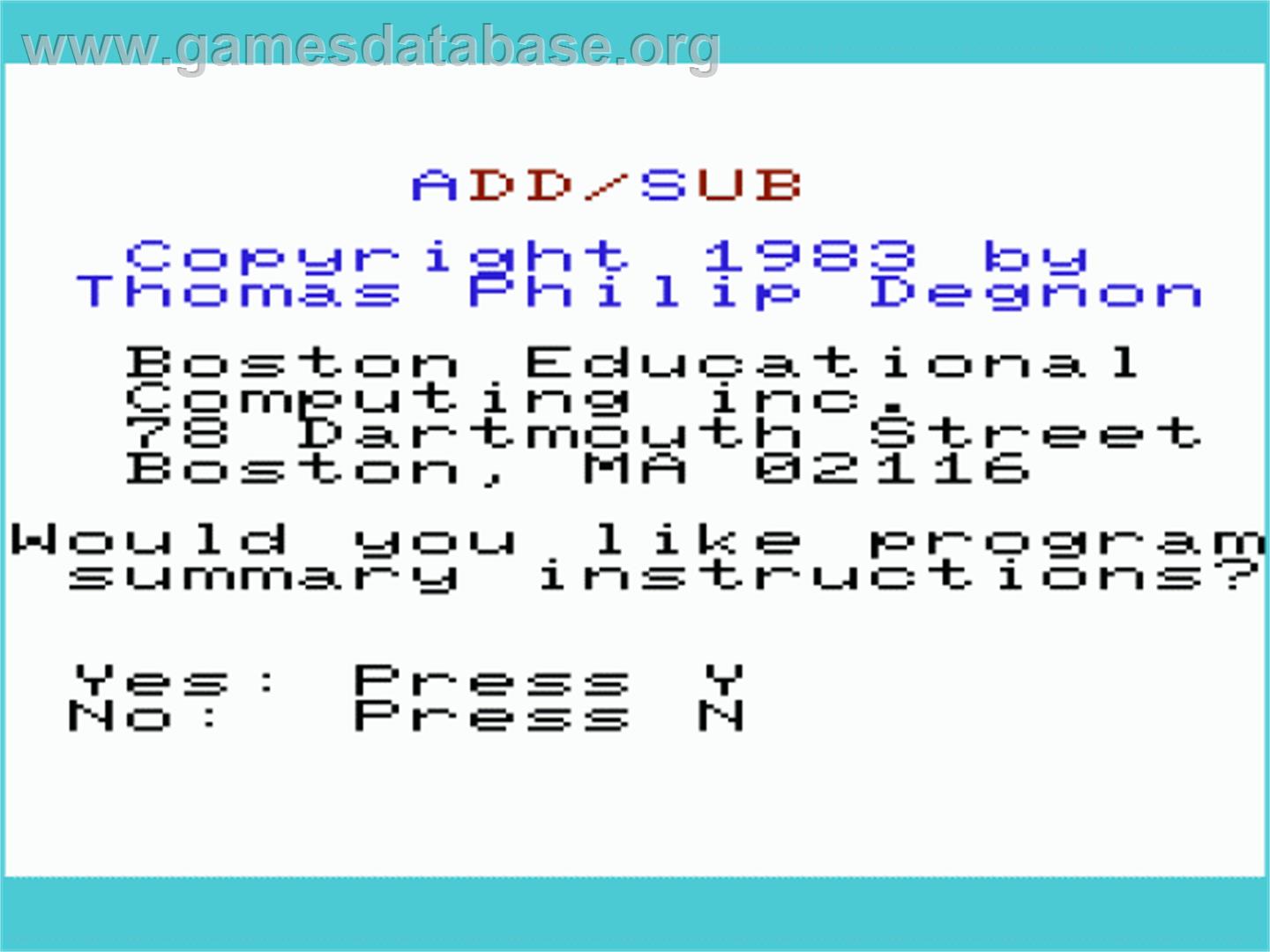 Add-sub - Commodore VIC-20 - Artwork - Title Screen