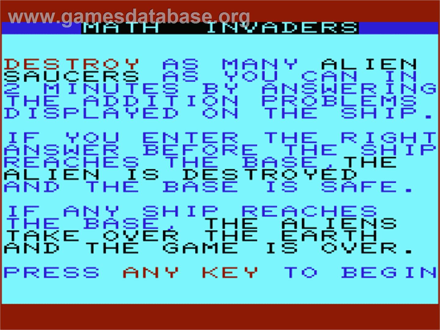 Addition Invaders - Commodore VIC-20 - Artwork - Title Screen