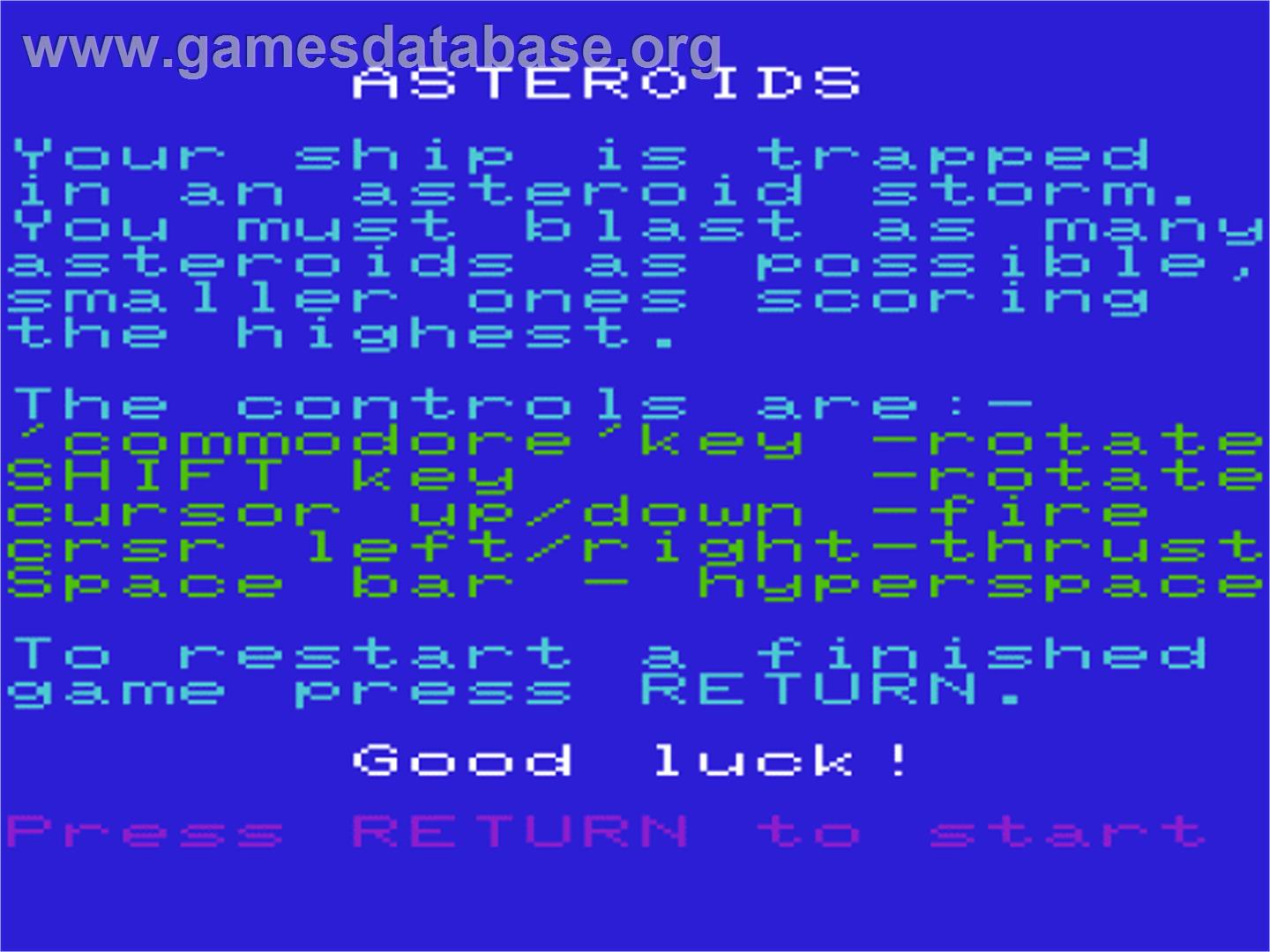 Asteroids - Commodore VIC-20 - Artwork - Title Screen