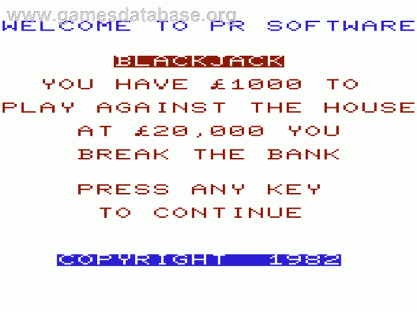 Black Jack - Commodore VIC-20 - Artwork - Title Screen