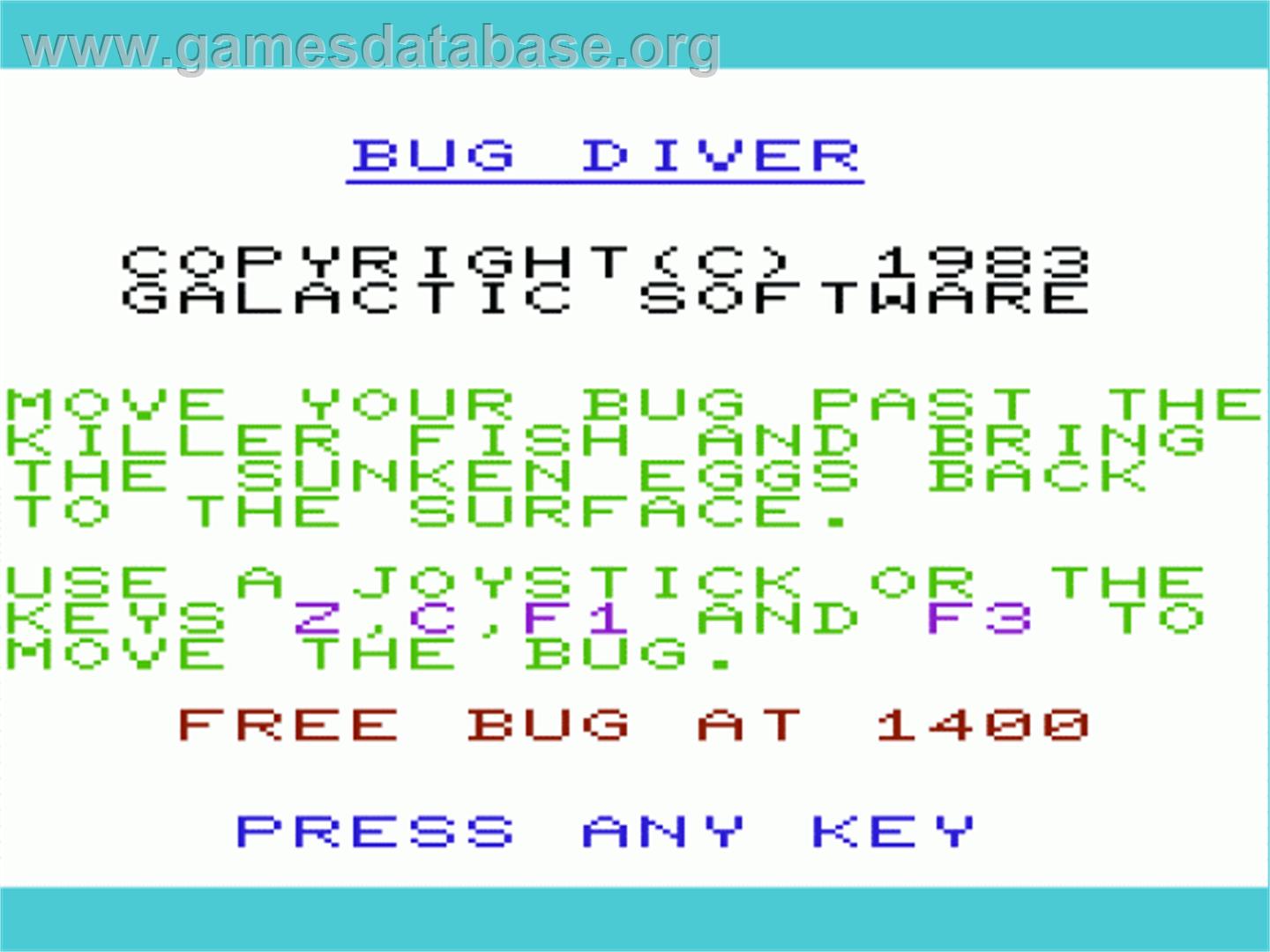 Bug Diver - Commodore VIC-20 - Artwork - Title Screen