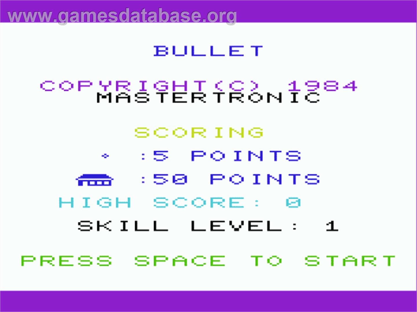 Bullet - Commodore VIC-20 - Artwork - Title Screen