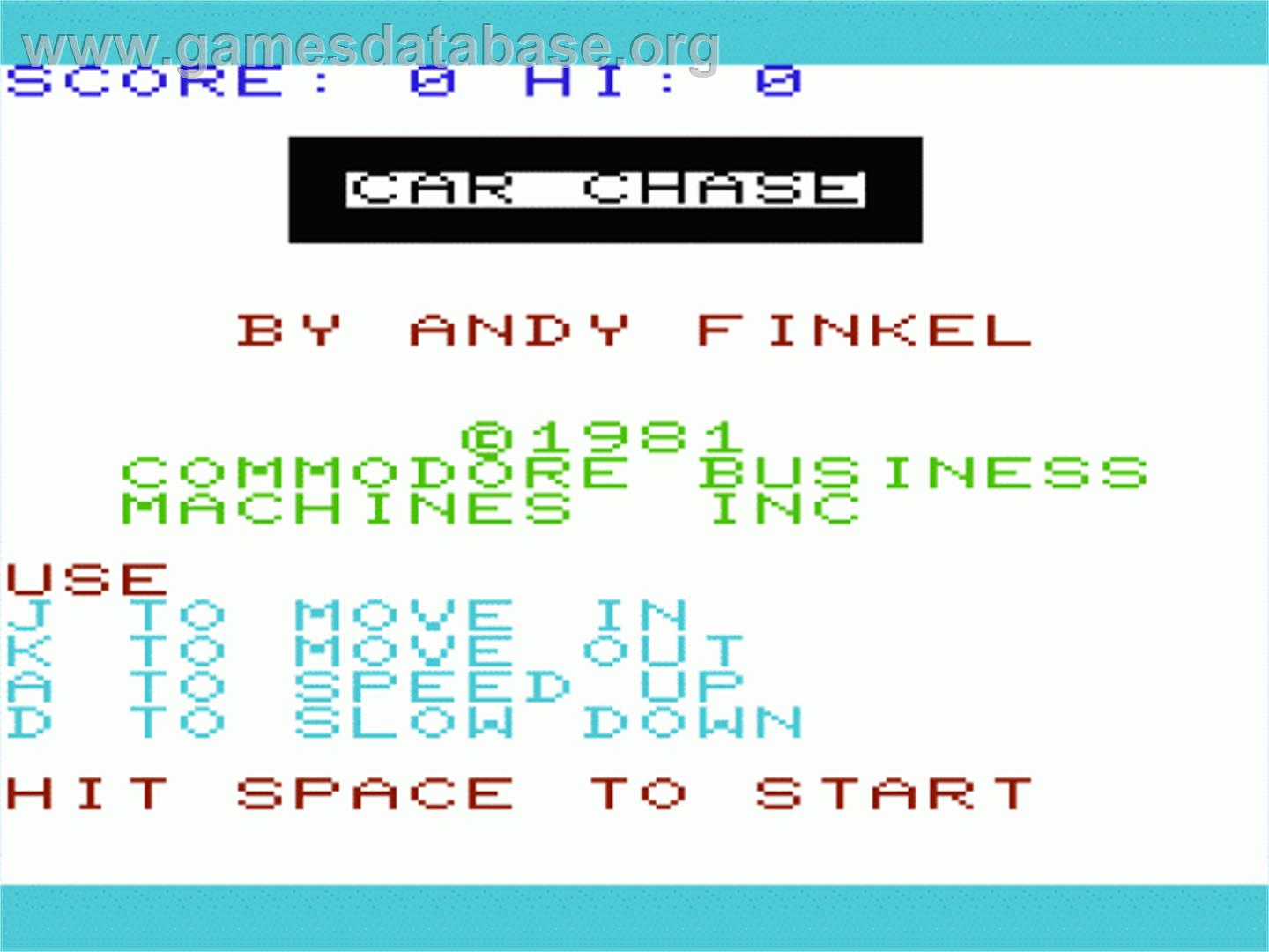 Car Chase - Commodore VIC-20 - Artwork - Title Screen