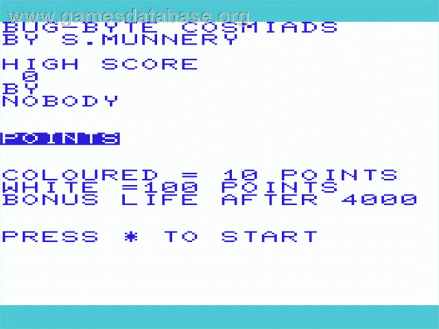 Cosmiads - Commodore VIC-20 - Artwork - Title Screen