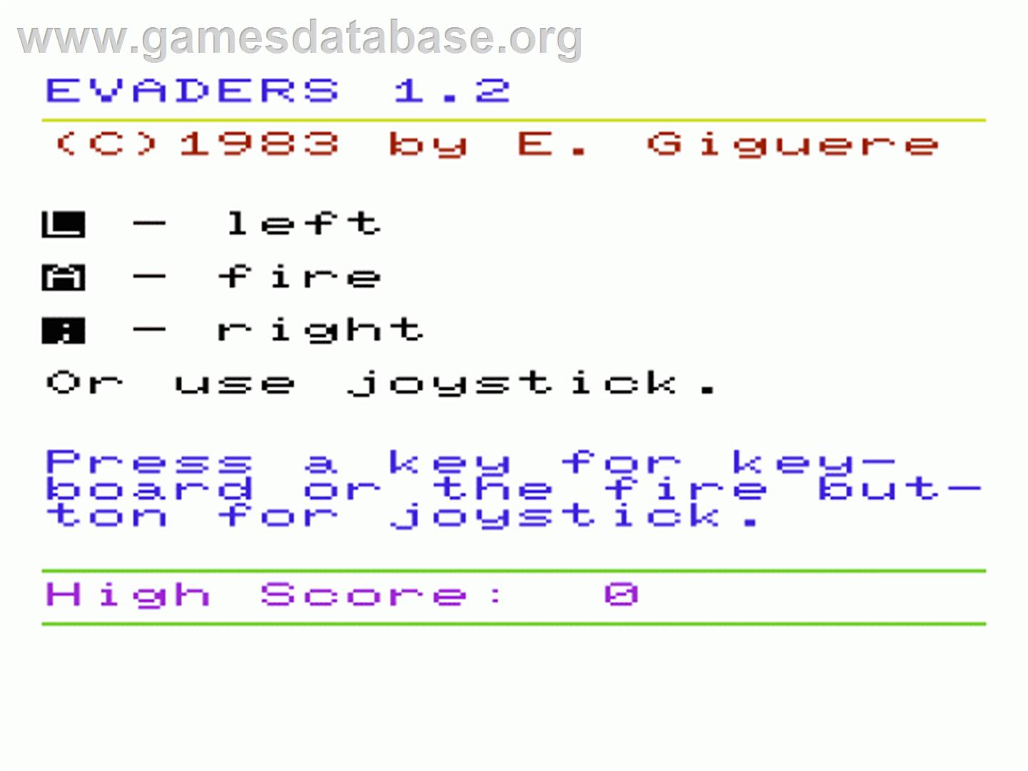 Evaders - Commodore VIC-20 - Artwork - Title Screen