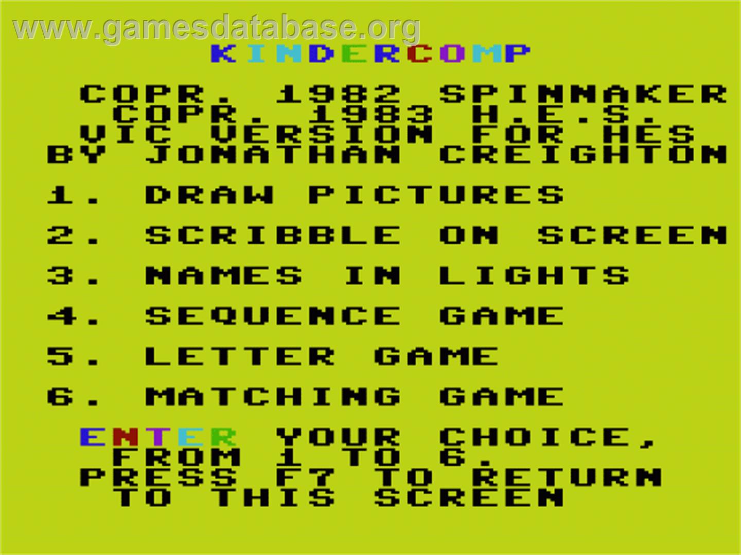 Kindercomp - Commodore VIC-20 - Artwork - Title Screen