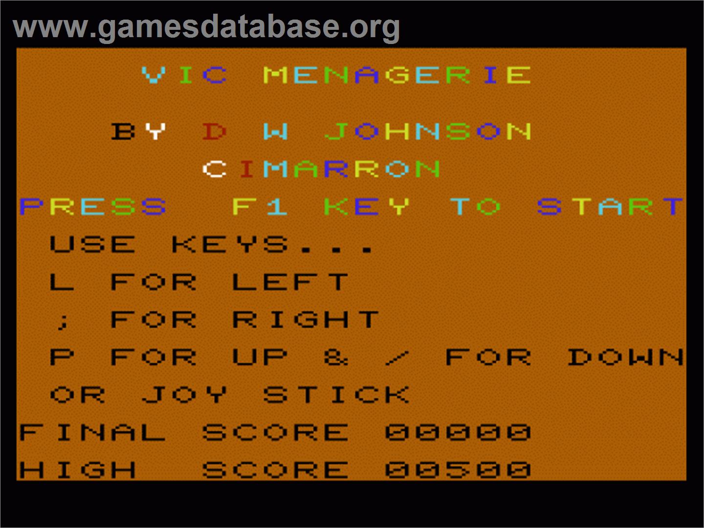 Menagerie - Commodore VIC-20 - Artwork - Title Screen