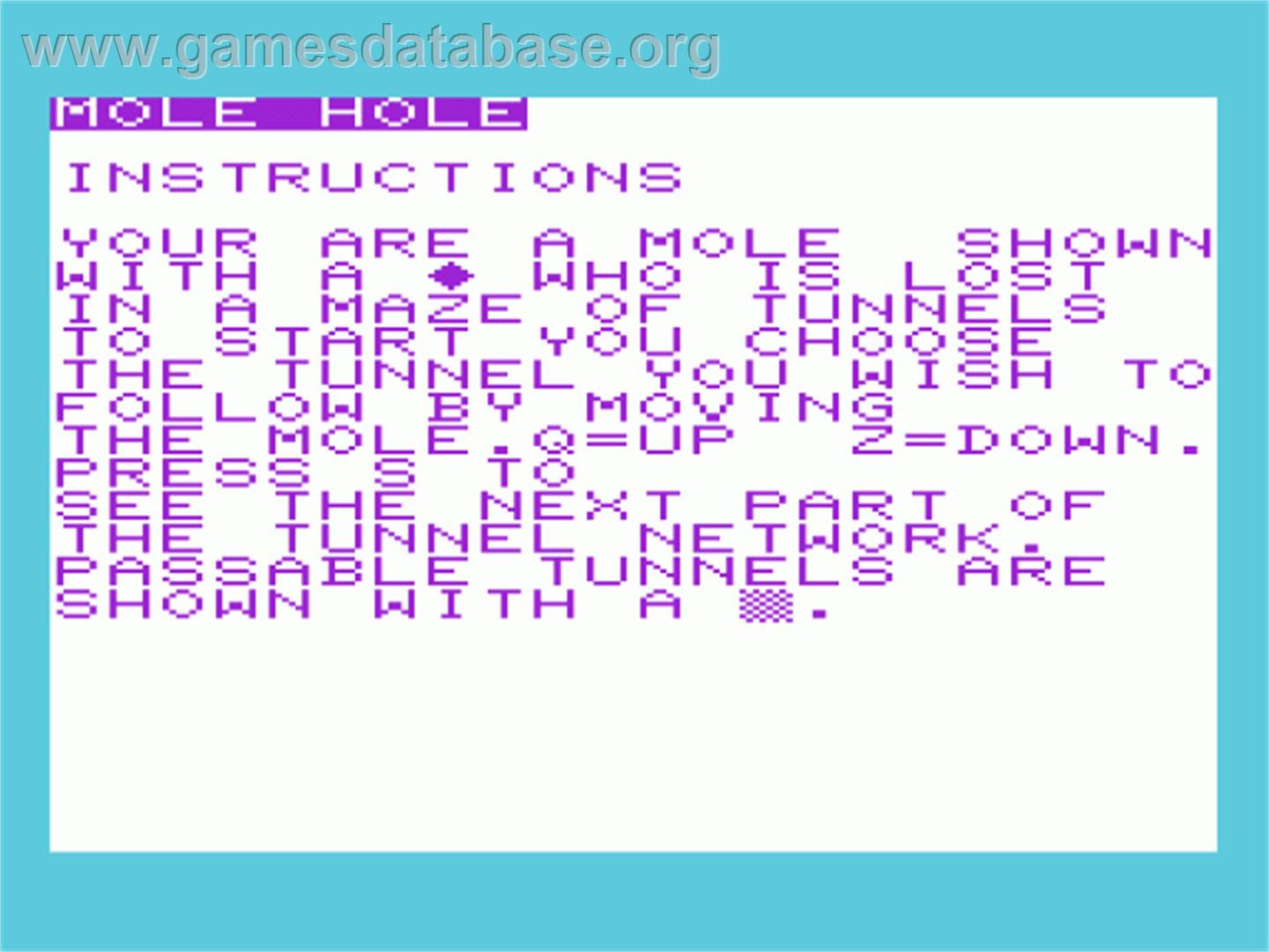 Mole Hole - Commodore VIC-20 - Artwork - Title Screen