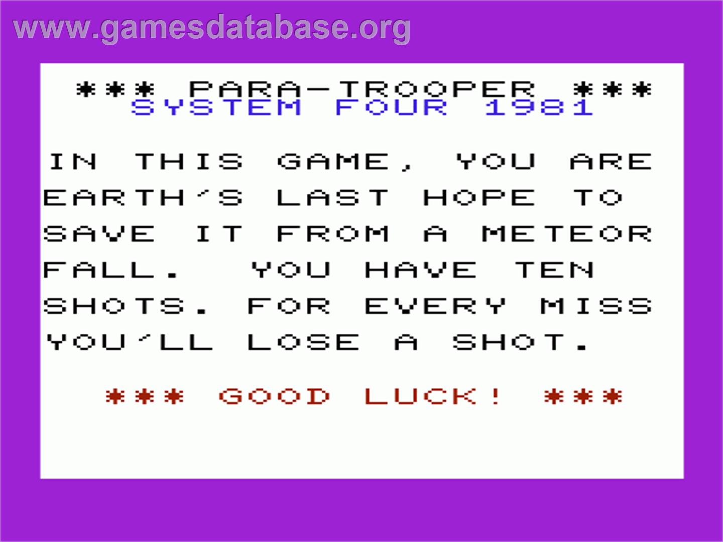 Paratroopers - Commodore VIC-20 - Artwork - Title Screen