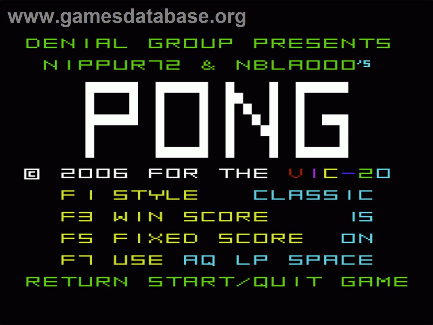 Pong - Commodore VIC-20 - Artwork - Title Screen