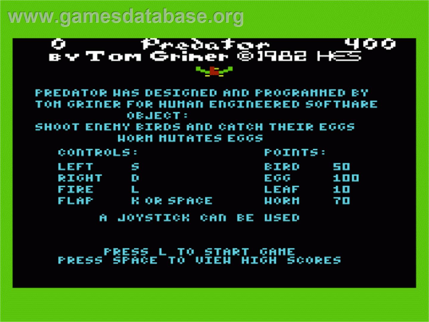 Predator - Commodore VIC-20 - Artwork - Title Screen