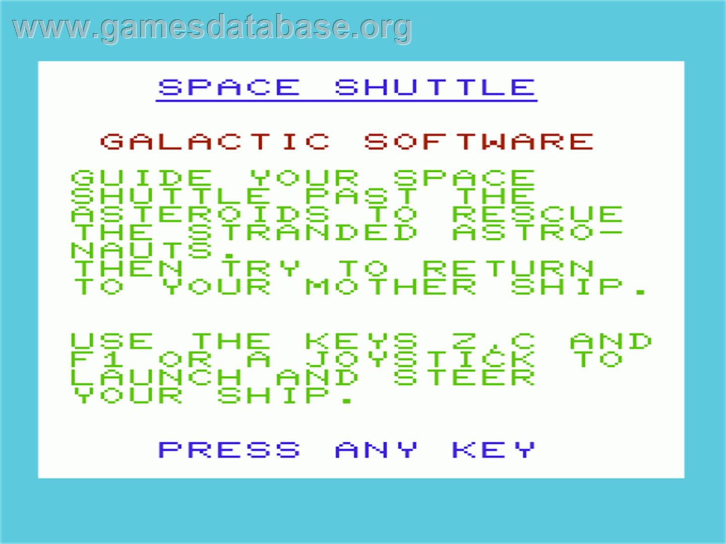 Space Shuttle - Commodore VIC-20 - Artwork - Title Screen