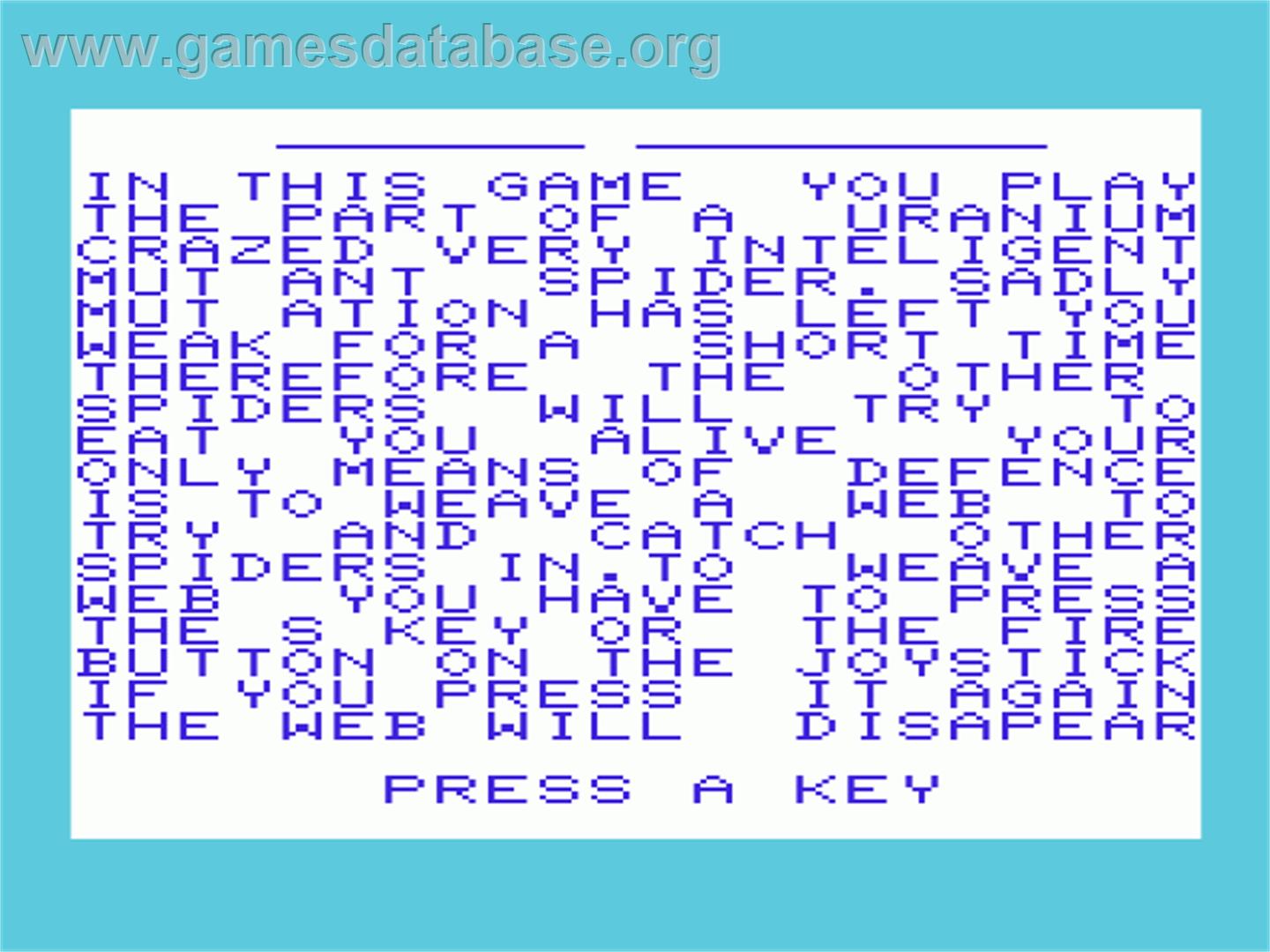 Spiders Web - Commodore VIC-20 - Artwork - Title Screen