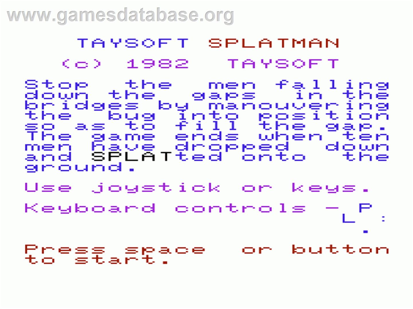 Splatman - Commodore VIC-20 - Artwork - Title Screen