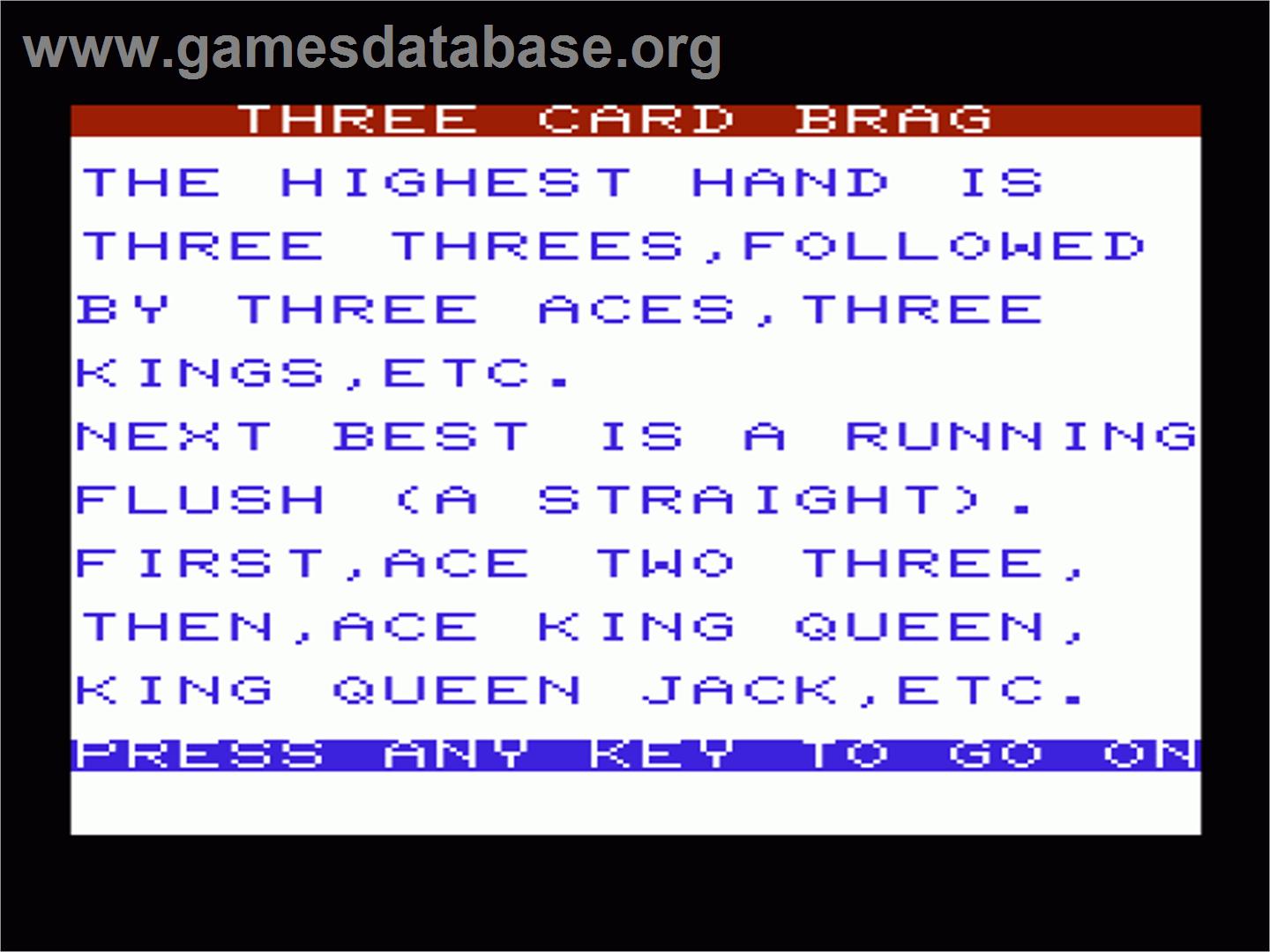Three Card Brag - Commodore VIC-20 - Artwork - Title Screen