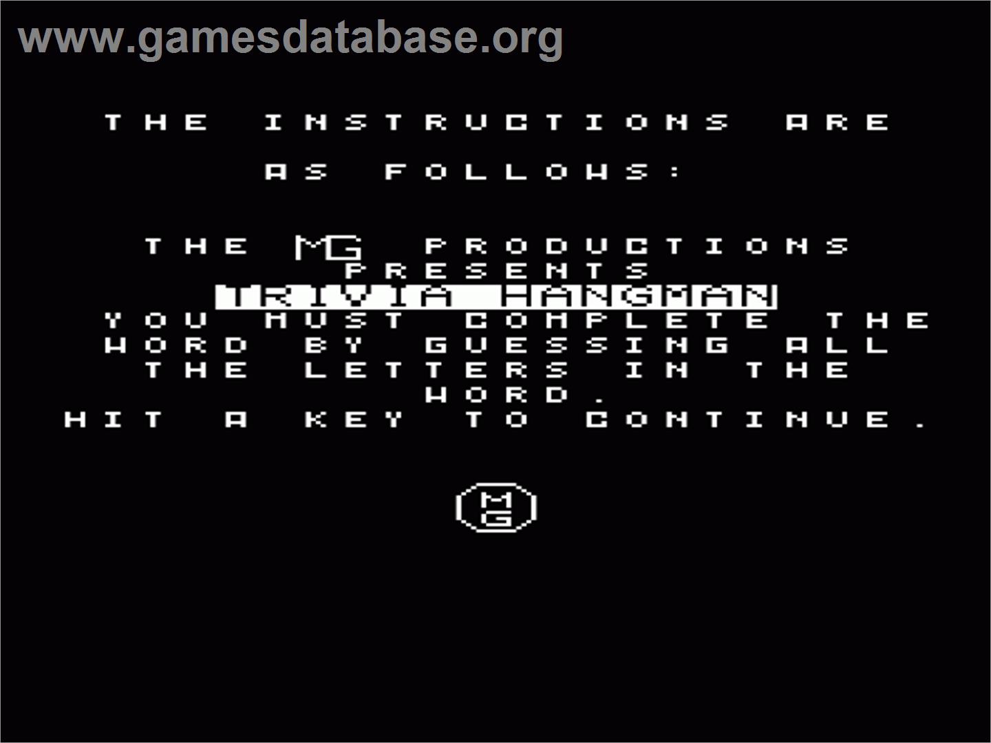 Trivia Hangman - Commodore VIC-20 - Artwork - Title Screen