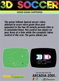 Box back cover for 3D Soccer on the Emerson Arcadia 2001.