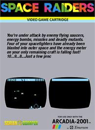 Box back cover for Space Raiders on the Emerson Arcadia 2001.