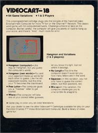 Box back cover for Hangman on the Fairchild Channel F.