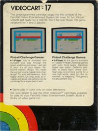 Box back cover for Videocart-17 - Pinball Challenge on the Fairchild Channel F.