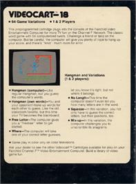 Box back cover for Videocart-18 - Hangman on the Fairchild Channel F.