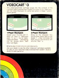 Box back cover for Videocart-3 - Video Blackjack on the Fairchild Channel F.