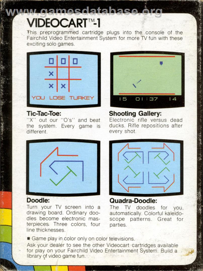 Videocart-1 - Tic-tac-toe, Shooting Gallery, Doodle, Quadra-doodle - Fairchild Channel F - Artwork - Box Back