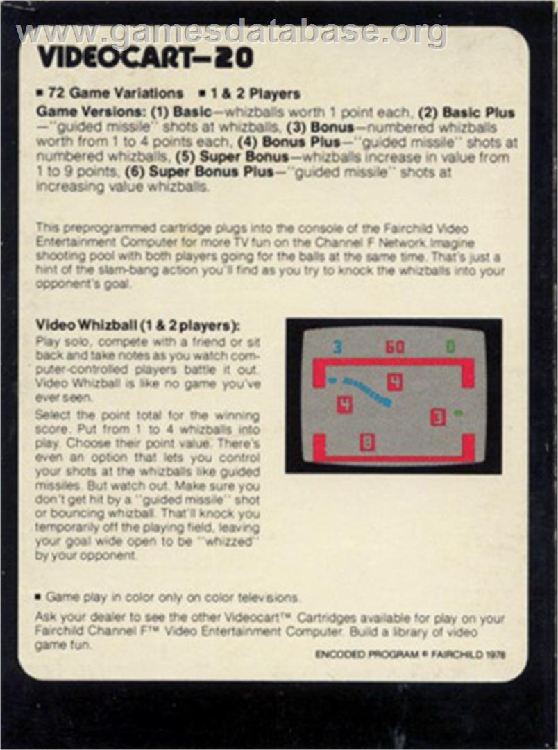 Videocart-20 - Video Whizball - Fairchild Channel F - Artwork - Box Back