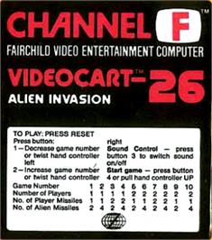 Top of cartridge artwork for Alien Invasion on the Fairchild Channel F.
