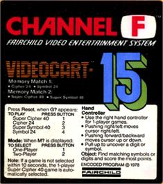 Top of cartridge artwork for Videocart-15 - Memory Match on the Fairchild Channel F.