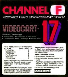 Top of cartridge artwork for Videocart-17 - Pinball Challenge on the Fairchild Channel F.