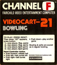 Top of cartridge artwork for Videocart-21 - Bowling on the Fairchild Channel F.