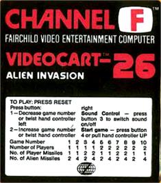 Top of cartridge artwork for Videocart-26 - Alien Invasion on the Fairchild Channel F.