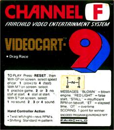 Top of cartridge artwork for Videocart-9 - Drag Strip on the Fairchild Channel F.