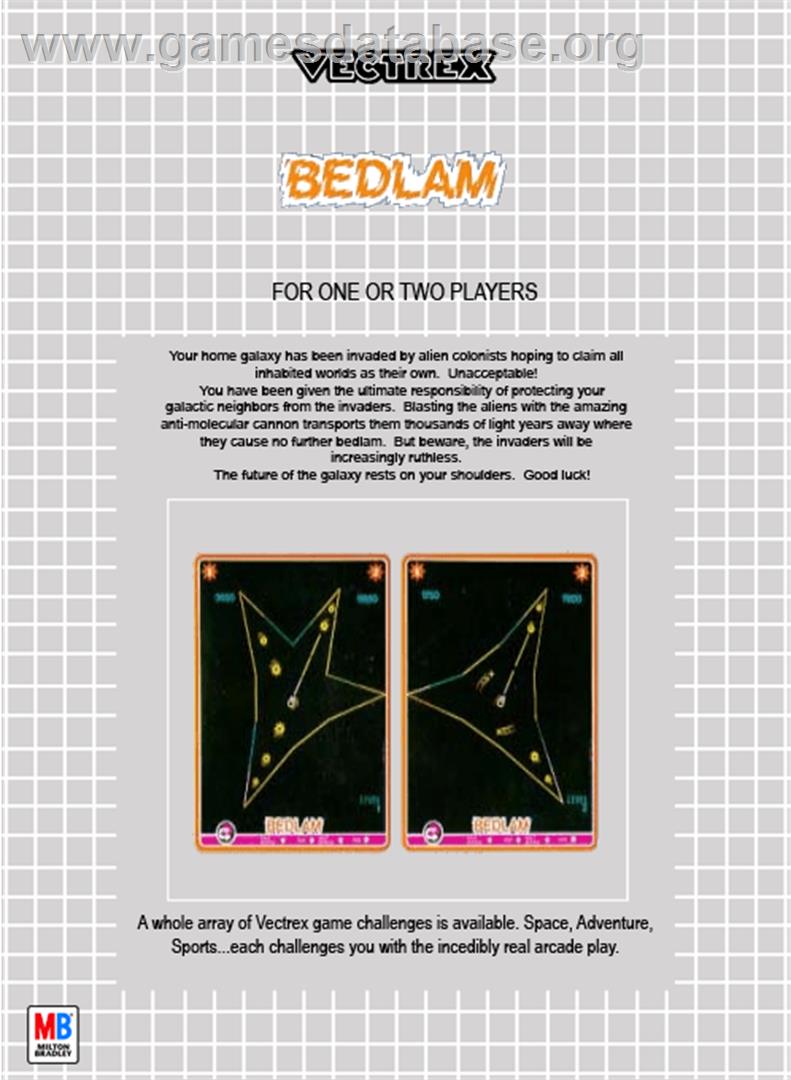 Bedlam - GCE Vectrex - Artwork - Box Back