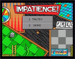 Title screen of Impatience - Triltex Viking on the MGT Sam Coupe.