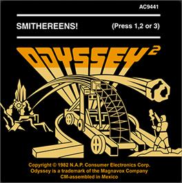 Top of cartridge artwork for Smithereens! on the Magnavox Odyssey 2.